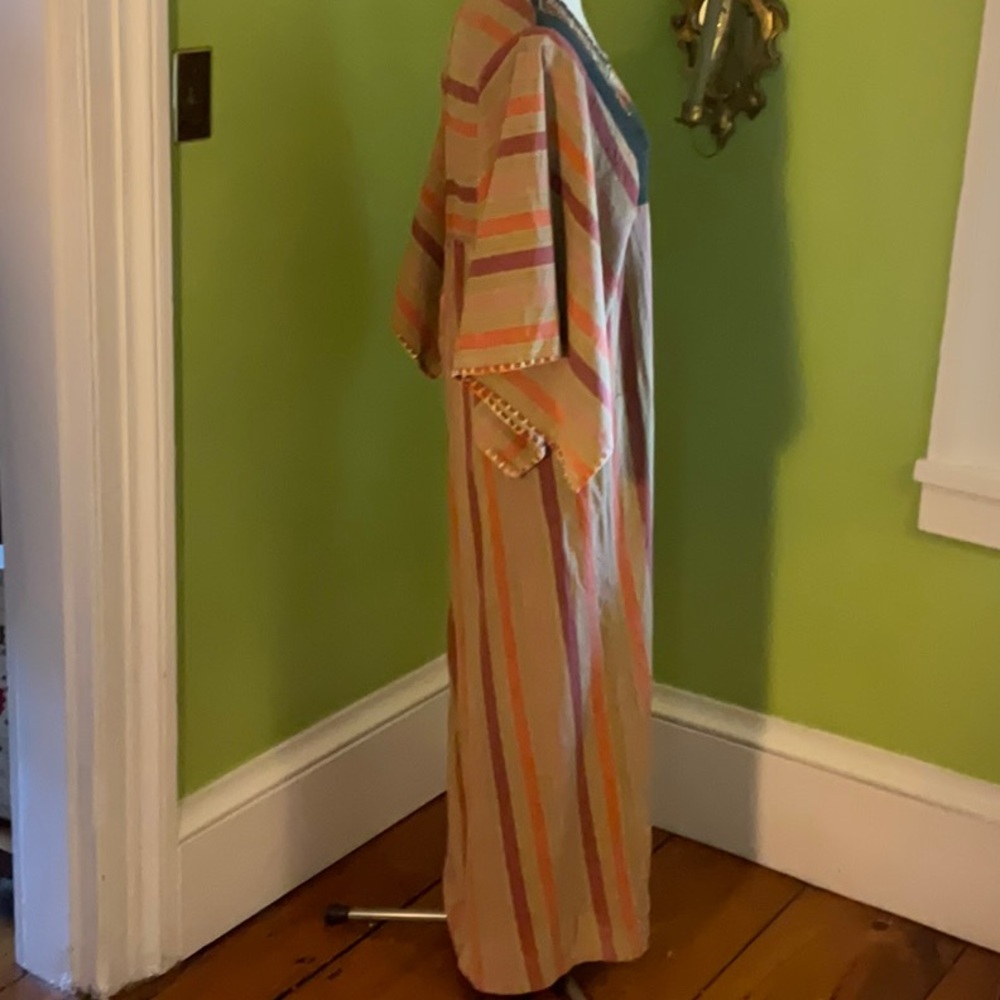 Vintage 70s maxi cotton striped dress w/angel sleeves, hand embroidered yoke - Picture 3 of 6